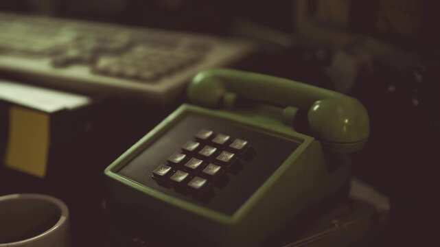 Closeup green telephone keypad with shallow depth, blurred keyboard background, tactile buttons, soft grain, quiet stillness, retro hardware focus