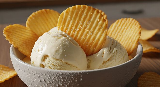 Creamy gourmet vanilla bean ice cream scoop served with crispy salty potato chips for a unique sweet and savory dessert combination on a white background.
