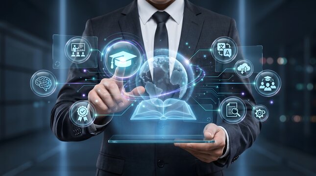 Interactive e-learning technology concept with corporate professional touching virtual globe and digital education interface