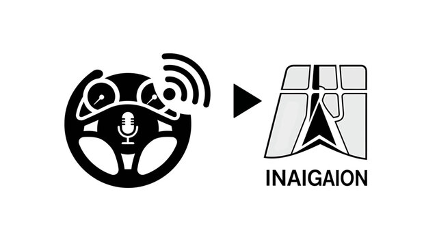 Autonomous vehicle navigation and voice command concept icons with navigation steering transport automation cartography communication destination direction guidance interface location