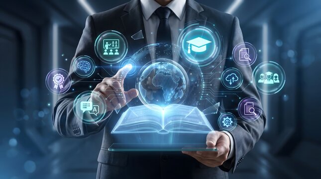 Smart digital learning application concept with business leader operating virtual education dashboard on transparent tablet