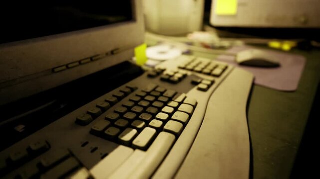 Curved keyboard and monitor glow, designer prepping retro assets, sticky notes and CD, soft yellow lighting, workspace aesthetic, intimate detail