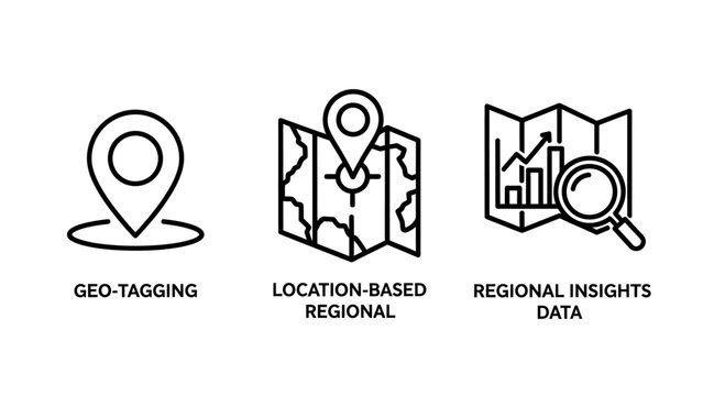 Geotagging location and regional data analysis map icons with location geotagging regional insights analytics tracking business navigation position analysis statistics technology strategy