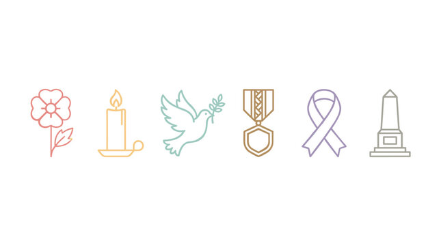 Remembrance symbols, memorial icons, peace elements, honor emblems are displayed as a collection of colorful line art illustrations representing tribute and commemoration.