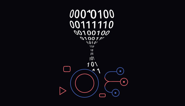 Abstract binary data flow with neon tech symbols