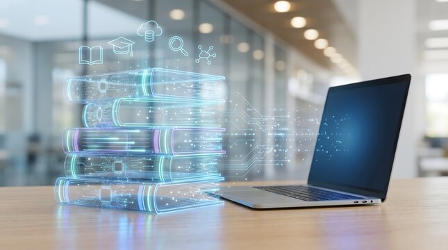 Digital knowledge transfer concept with glowing books connected to laptop visualizing modern e-learning and artificial intelligence education
