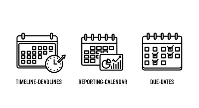 Timeline deadlines reporting calendar and due-dates project management icons with timeline deadlines reporting calendar management schedule planning organization business tracking efficiency