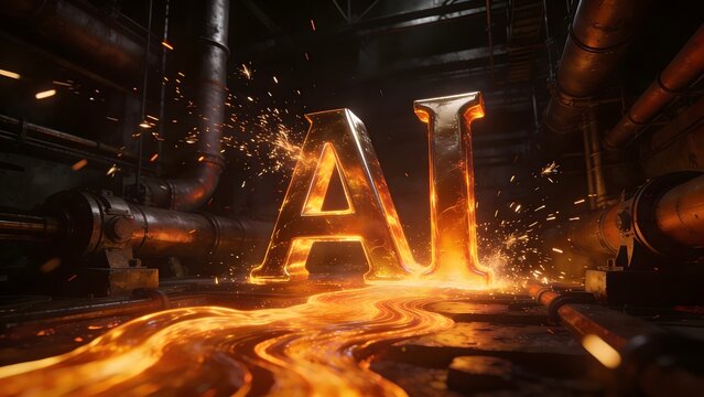 Glowing metallic AI letters forged from molten lava with sparks flying inside an industrial pipe factory. Conceptual illustration of artificial intelligence development, heavy industry, and tech