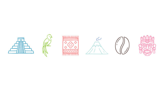 Colorful outline icons depicting various Latin American cultural and natural elements including a pyramid, parrot, rug, volcano, coffee beans, and an ancient mask.