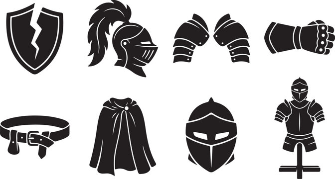 Medieval knight armor icons, black and white, 8 elements, vector graphics