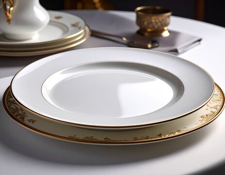 Elegant gold-rimmed plates and silverware set on a white tablecloth