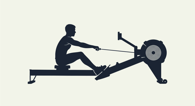 Silhouette of a man exercising on a rowing machine in a gym.