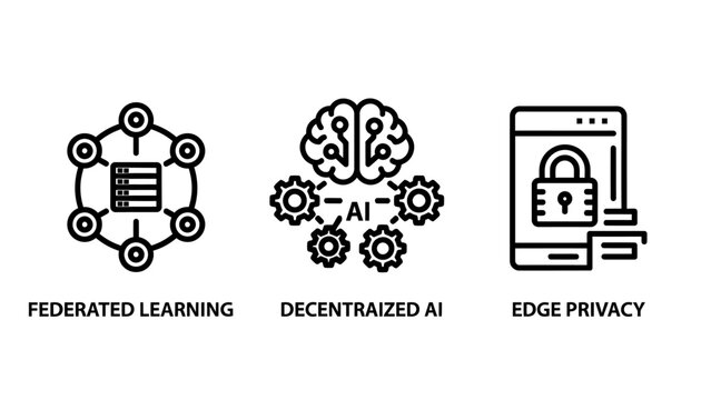 Technology icons for federated learning and AI with learning federated decentralized technology security computing encryption intelligence automated internet abstract innovation connection