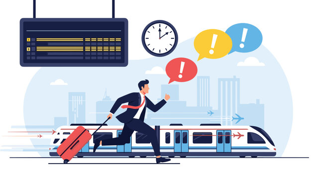 Stressed businessman carrying a red suitcase and running fast to catch a high-speed train at a modern city station under a clock.