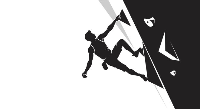 Silhouette of an athletic rock climber scaling an indoor climbing wall.