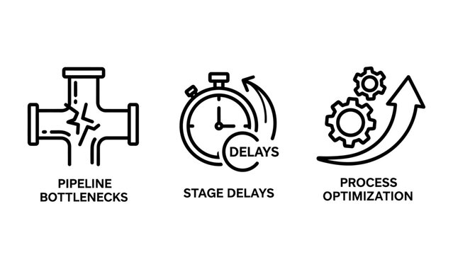 Process optimization and industrial pipeline efficiency icons with industrial pipeline bottleneck optimization efficiency business logistics workflow management graphics manufacturing
