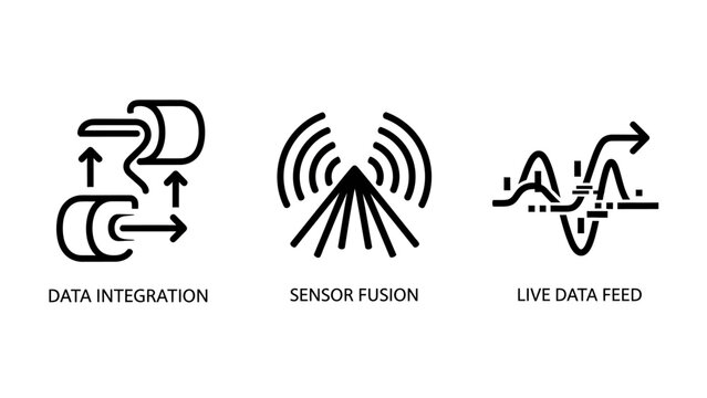 Data integration sensor fusion and live data feed technology icons set with integration technology information connection communication analysis management transfer computing monitoring