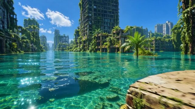 Post apocalyptic flooded city with overgrown ruins