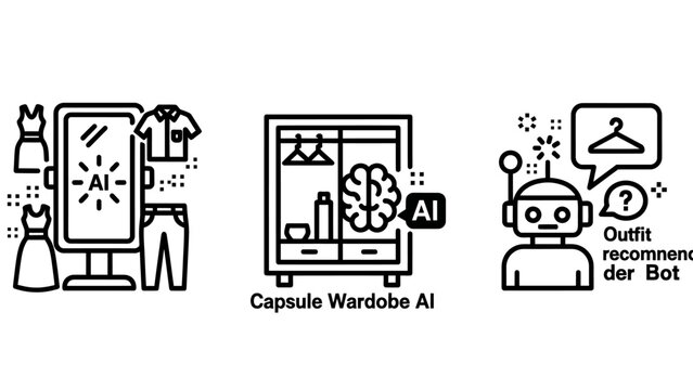 Ai fashion and personal styling technology icons featuring wardrobe assistant and outfit recommendation bot artificial intelligence wardrobe technology clothing assistant recommendation