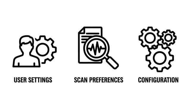 User settings scan preferences and system configuration icons in outline style with settings preferences configuration maintenance gearwheel customization technical adjustment optimization