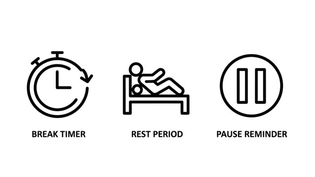 Break timer and rest period reminder icons for healthy workflow management with reminder workflow management productivity wellbeing efficiency schedule activity lifestyle corporate stopwatch