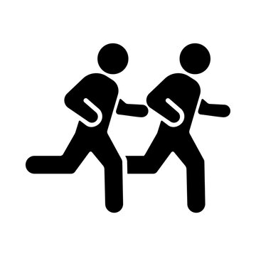 Two running stick figures illustration on white background depicting movement and motion, a common pictogram for sports, fitness, and active lifestyle, often used in signage and infographics.