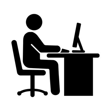 Black silhouette of man sitting at office desk working on computer screen with keyboard and ergonomic office chair isolated on white background symbol for remote work freelance and business lifestyle.