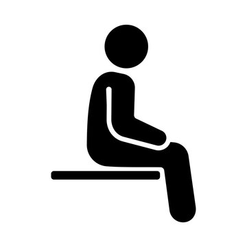 Minimalist black stick figure icon of person sitting on bench or flat surface in profile view isolated on white background representing waiting resting public transport passenger or simple seating.