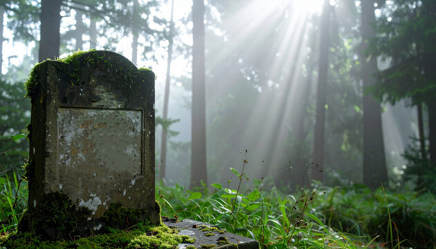Old weathered gravestone with moss growth, foggy woodland atmosphere, rays of light through dense trees. Close-up.