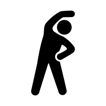 Black silhouette icon of person performing side bend stretching exercise isolated on white background perfect for fitness health gym wellness training routine and physical activity concept graphics.