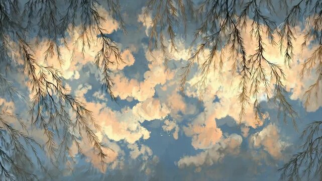 A painterly view from below, featuring branches framing a sky filled with clouds