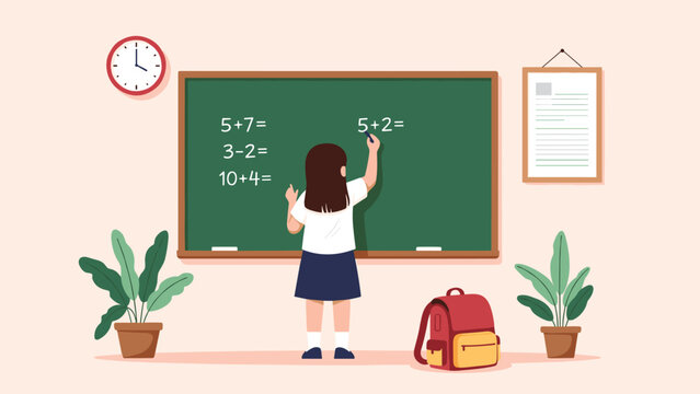 Little schoolgirl writing simple mathematics problems on a green chalkboard in a bright classroom with a clock and a backpack.