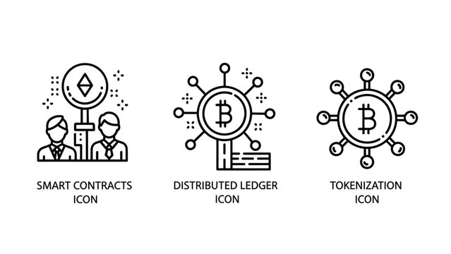 Digital finance icons set featuring smart contracts distributed ledger technology and tokenization concepts blockchain cryptocurrency contracts tokenization technology business distributed