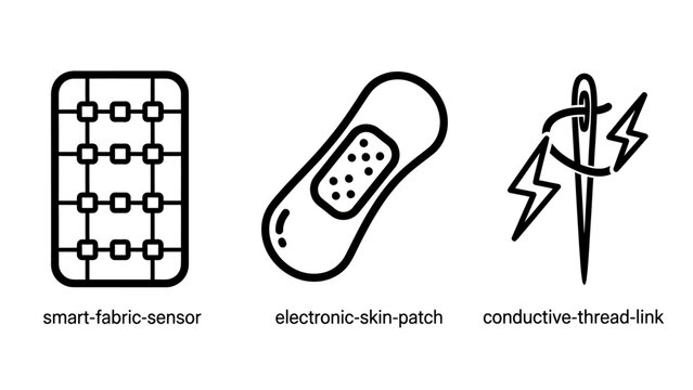 Wearable technology icons set for smart fabric sensors skin patches and conductive thread connectors with wearable technology conductive electronics monitoring biofeedback innovation connection
