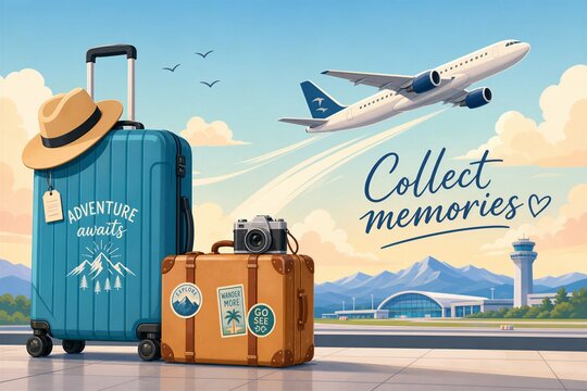 Luggage and camera ready for travel at airport terminal
