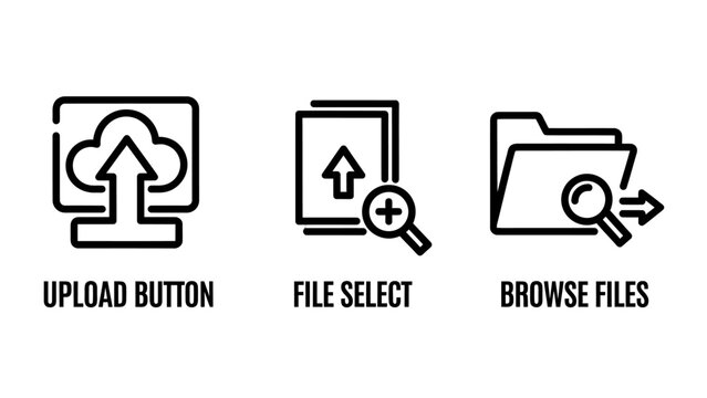 Digital file upload and browser interface icons set with interface management document transfer technology navigation computing software directory database information processing selection