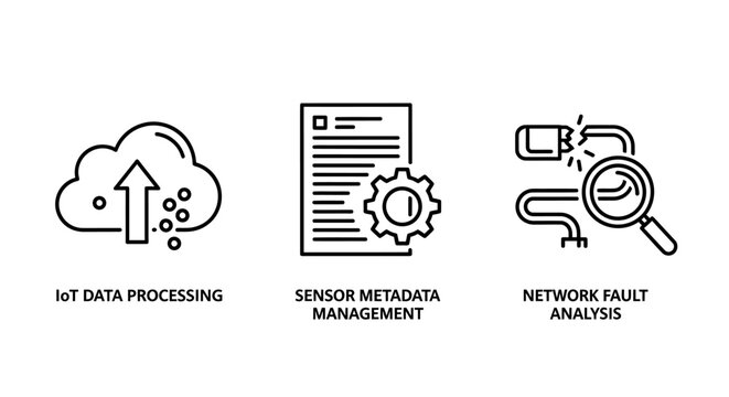 Io t data processing sensor metadata management and network fault analysis line icons with processing metadata management analysis technology internet computing communication troubleshooting