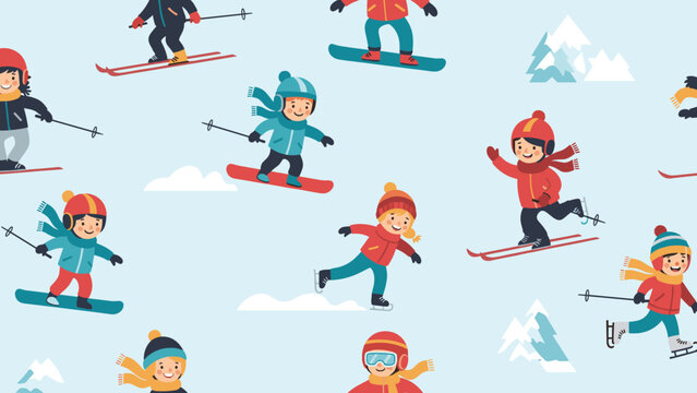 Colorful winter sports pattern showing happy children enjoying outdoor activities like skiing, snowboarding, and ice skating.