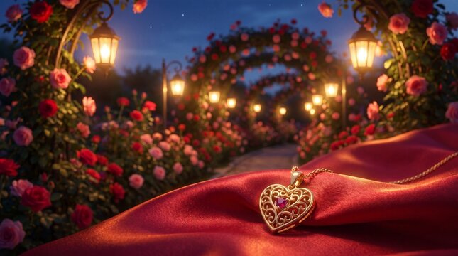 Enchanting rose garden path illuminated by lanterns with a heart-shaped locket on satin fabric.