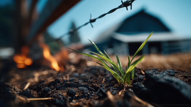 Burnt field foreground with barbed wire and small green shoot beside visible flame for rural background and recovery banner