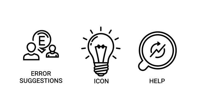 Error suggestions lightbulb idea and help support icons with suggestions lightbulb innovation solution customer communication feedback technical assistance development business improvement