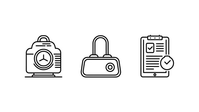 Security camera padlock and document checklist icons with security document checklist surveillance protection checkmark monitoring verification information management business hardware