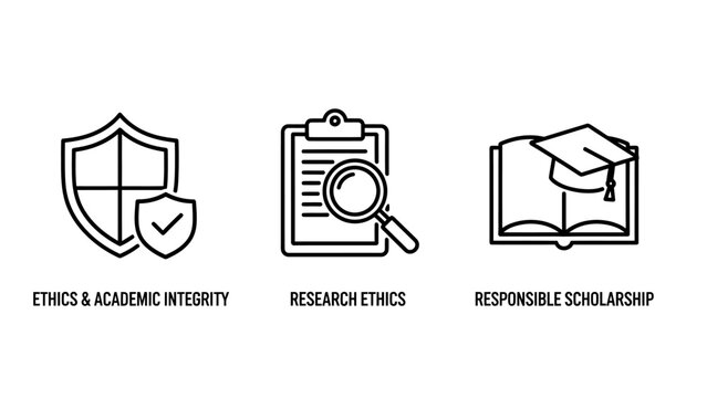 Ethics academic integrity research ethics and responsible scholarship icons with academic integrity research responsible scholarship clipboard magnifying graduation education learning