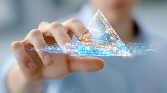 Business hand touching holographic triangular data interface for risk alert and security background or poster design