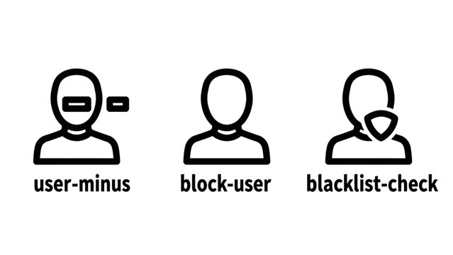 User account management and blocking icons with blacklist security management restriction protection interface minimalist character permission configuration settings filtering moderation