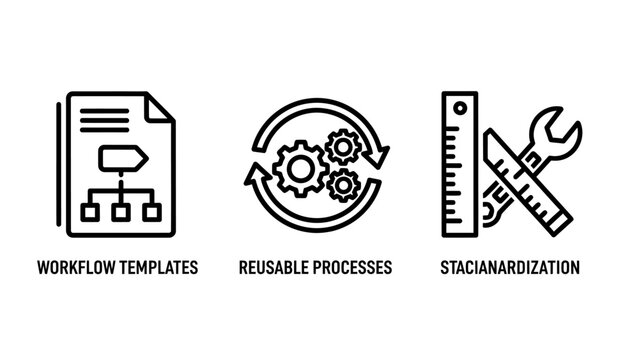 Business process optimization icons set featuring workflow templates reusable processes and standardization workflow template standardization business management strategy efficiency operation
