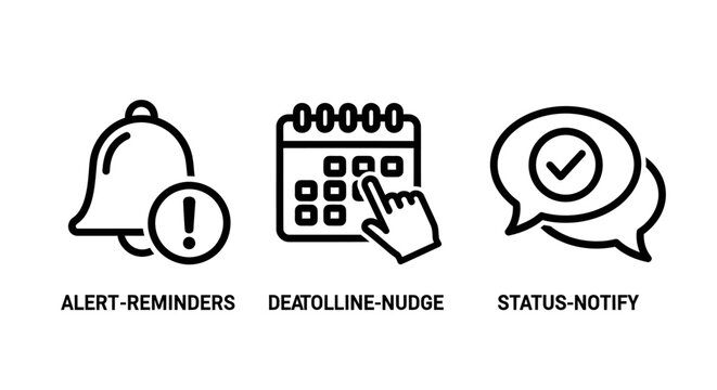 Communication and management icons set representing alert reminders deadline nudge and status notify with reminder deadline notification communication business management calendar scheduling