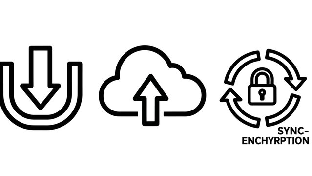 Cloud computing and security icon set featuring download arrow cloud upload and data synchronization encryption download encryption security protection computing internet technology transfer