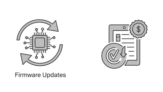 Technical firmware update and financial document approval icon set for software systems with firmware approval document software processor technology technical computer hardware management