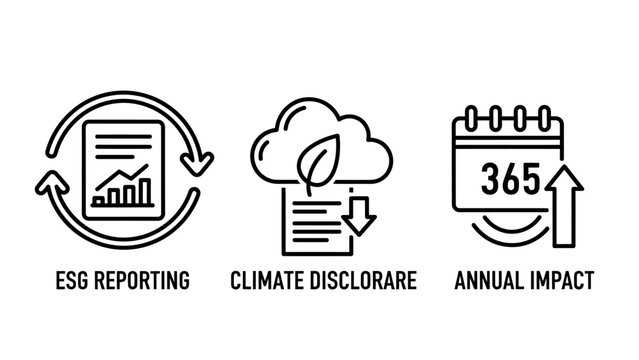 Corporate sustainability icons set including esg reporting climate disclosure and annual impact tracking with reporting disclosure business environment calendar sustainability governance